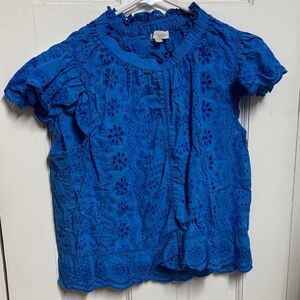 Elegant Blue Eyelet Blouse with Ruffle Sleeves